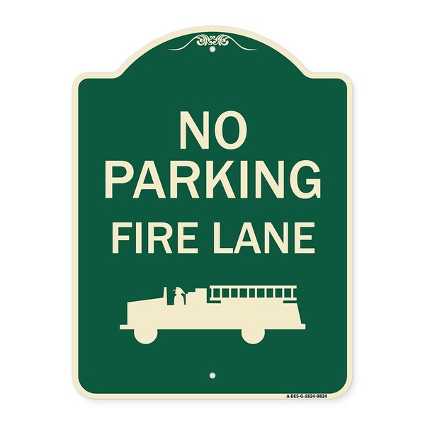 Designer Series-No Parking Fire Lane, Green Heavy-Gauge Aluminum, 24" x 18", G-1824-9824